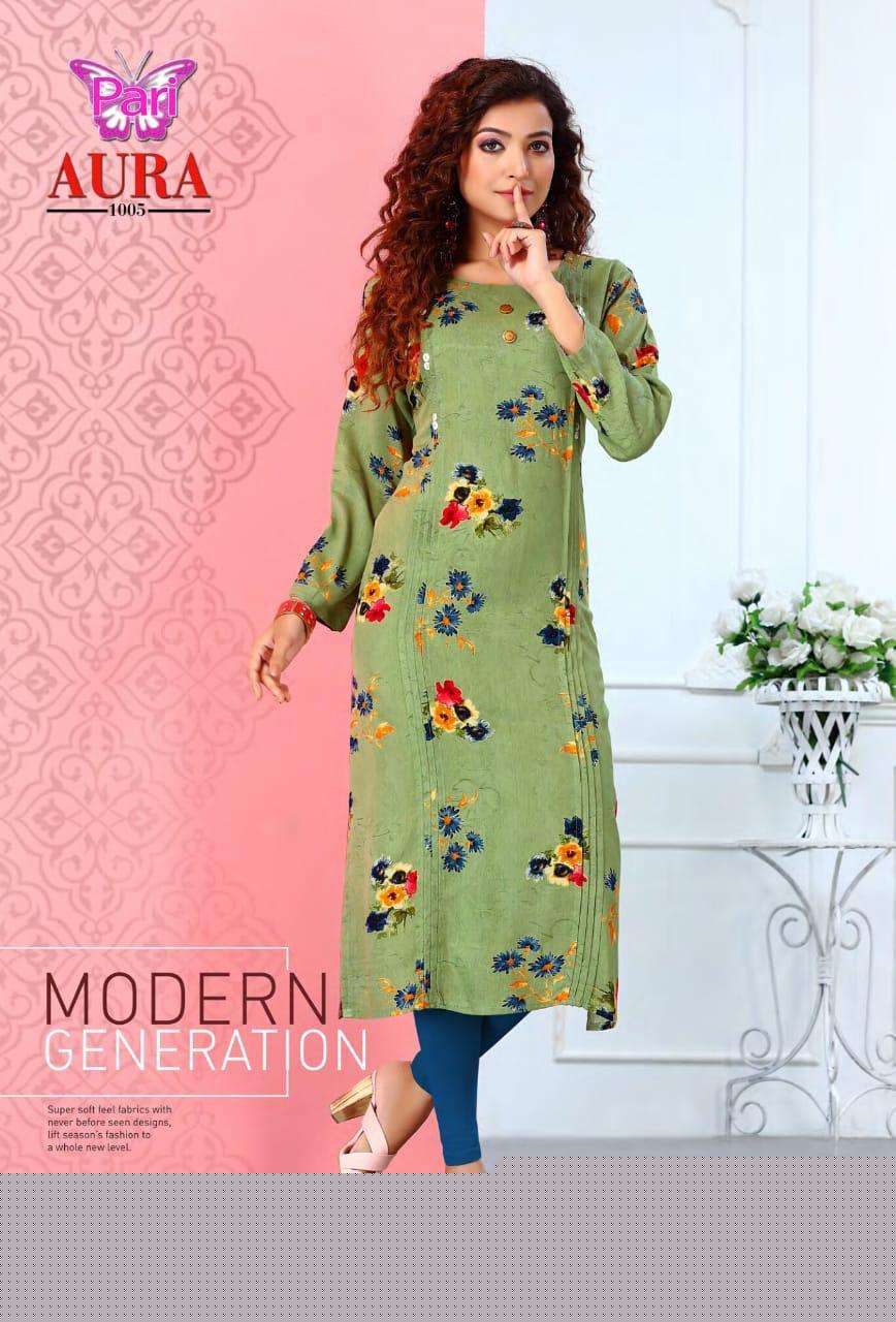 AURA BY PARI 1001 TO 1005 SERIES BEAUTIFUL COLORFUL STYLISH FANCY CASUAL WEAR & READY TO WEAR RAYON 13 KG PRINTED KURTIS AT WHOLESALE PRICE