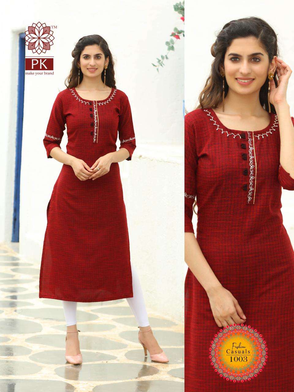 FASHION CASUAL BY PK 1001 TO 1006 SERIES BEAUTIFUL COLORFUL STYLISH FANCY CASUAL WEAR & READY TO WEAR RAYON WEAVED SMALL CHEX PRINTED KURTIS AT WHOLESALE PRICE