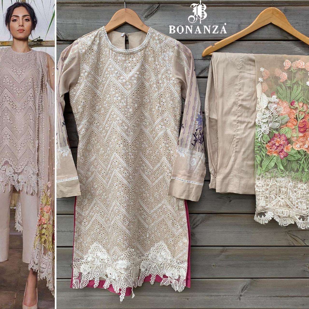 SANA SAFINAZ VOL-1 BY BONANZA 1001 TO 1004 SERIES BEAUTIFUL SUITS COLORFUL STYLISH FANCY CASUAL WEAR & ETHNIC WEAR HEAVY LAWN COTTON WITH EMBROIDERY DRESSES AT WHOLESALE PRICE