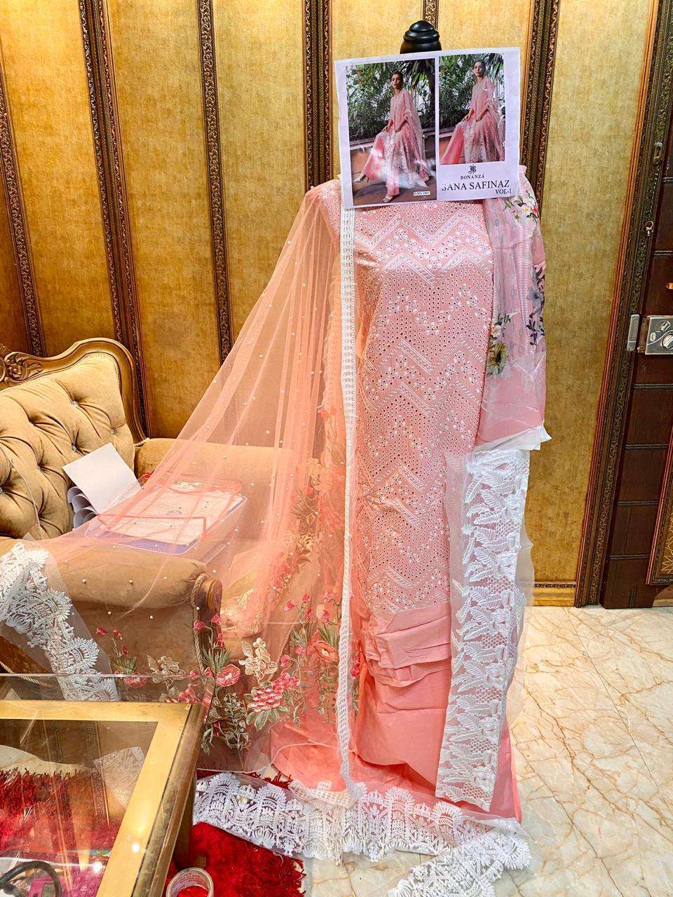 SANA SAFINAZ VOL-1 BY BONANZA 1001 TO 1004 SERIES BEAUTIFUL SUITS COLORFUL STYLISH FANCY CASUAL WEAR & ETHNIC WEAR HEAVY LAWN COTTON WITH EMBROIDERY DRESSES AT WHOLESALE PRICE