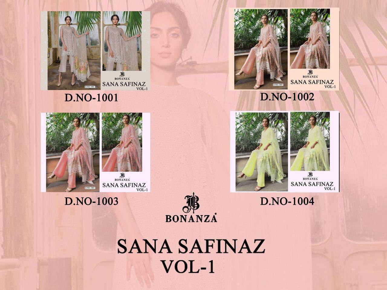 SANA SAFINAZ VOL-1 BY BONANZA 1001 TO 1004 SERIES BEAUTIFUL SUITS COLORFUL STYLISH FANCY CASUAL WEAR & ETHNIC WEAR HEAVY LAWN COTTON WITH EMBROIDERY DRESSES AT WHOLESALE PRICE