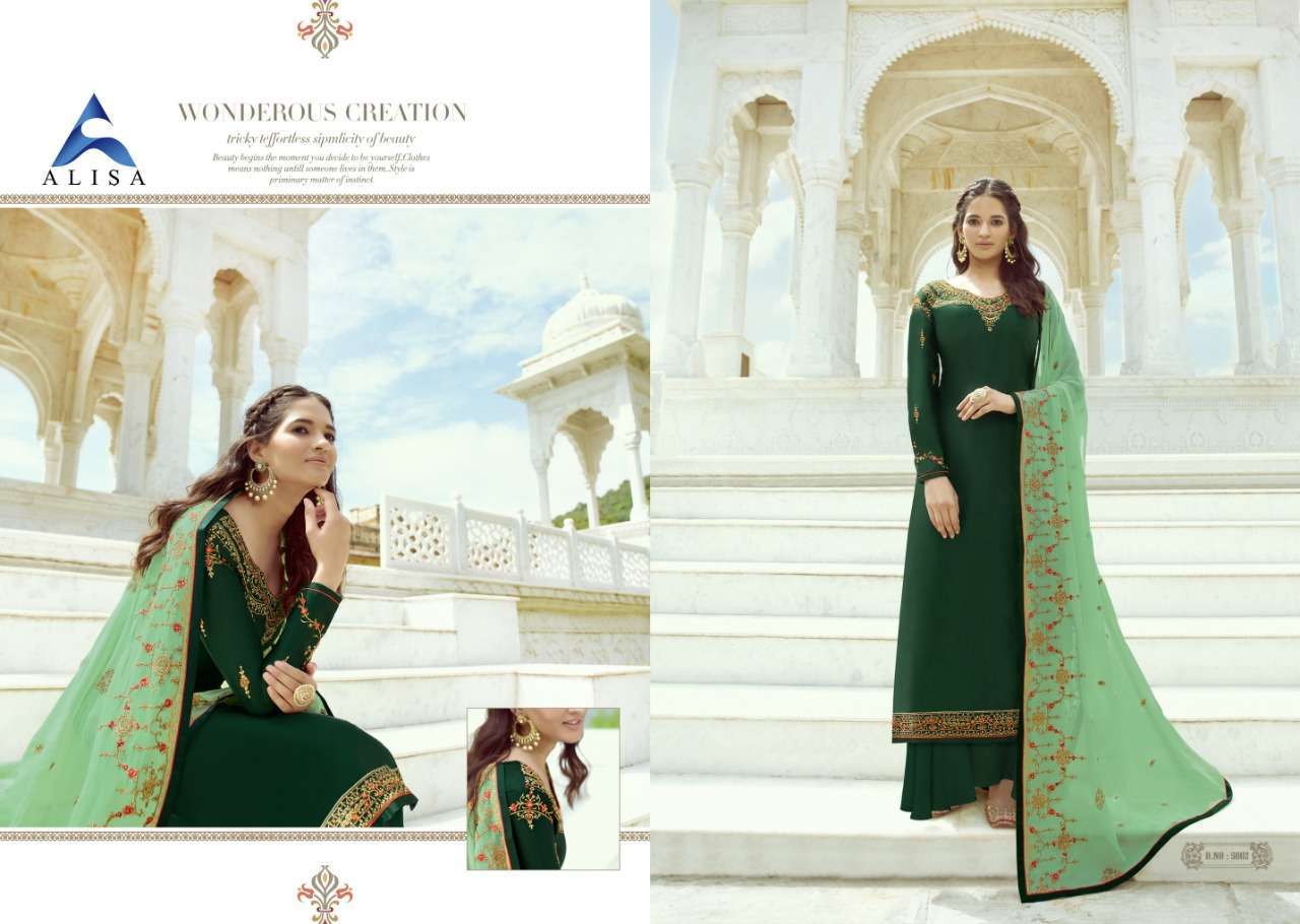 SANCHI BY ALISA 5001 TO 5006 SERIES BEAUTIFUL STYLISH PAKISATNI SUITS FANCY COLORFUL CASUAL WEAR & ETHNIC WEAR & READY TO WEAR SATIN GEORGETTE WITH WORK DRESSES AT WHOLESALE PRICE