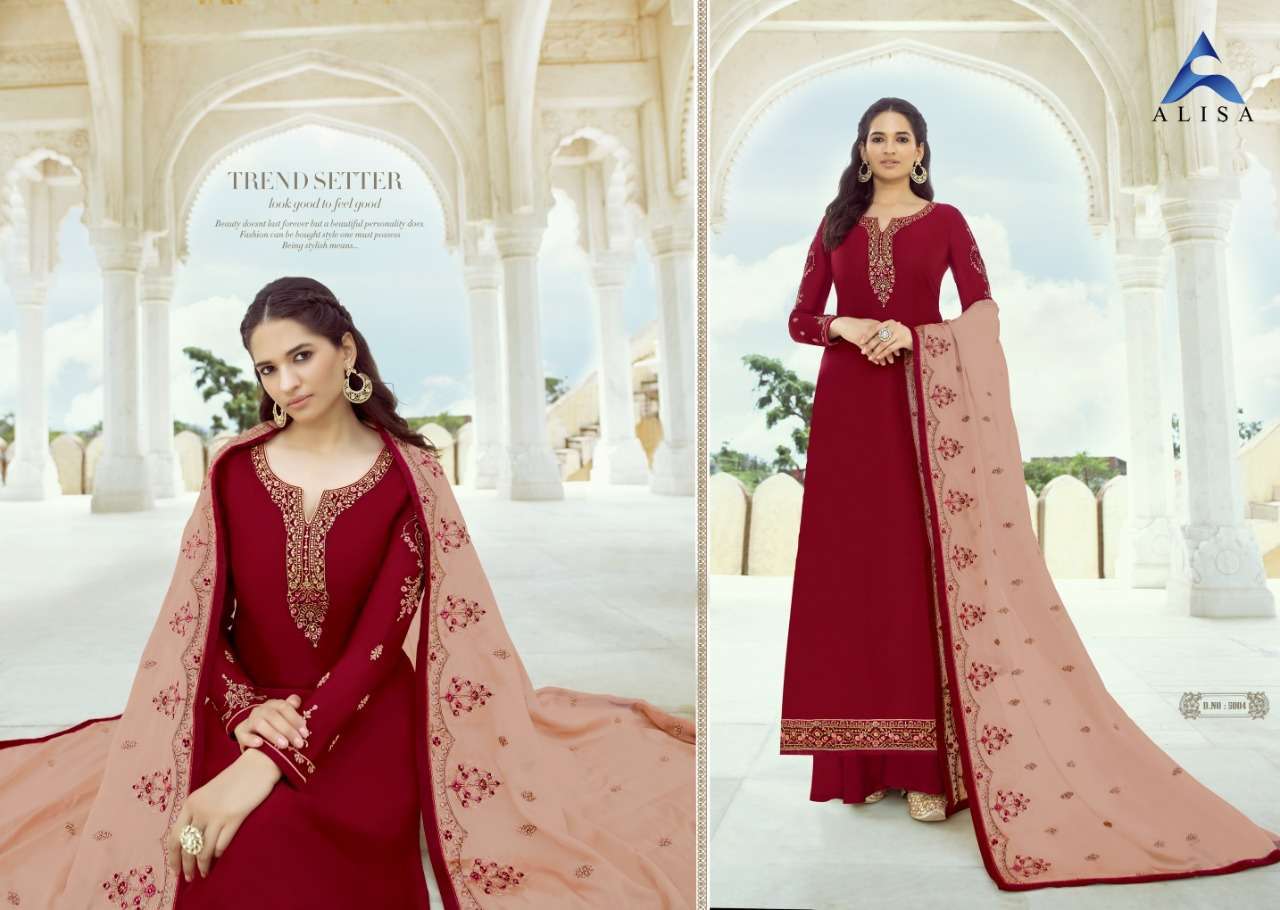 SANCHI BY ALISA 5001 TO 5006 SERIES BEAUTIFUL STYLISH PAKISATNI SUITS FANCY COLORFUL CASUAL WEAR & ETHNIC WEAR & READY TO WEAR SATIN GEORGETTE WITH WORK DRESSES AT WHOLESALE PRICE