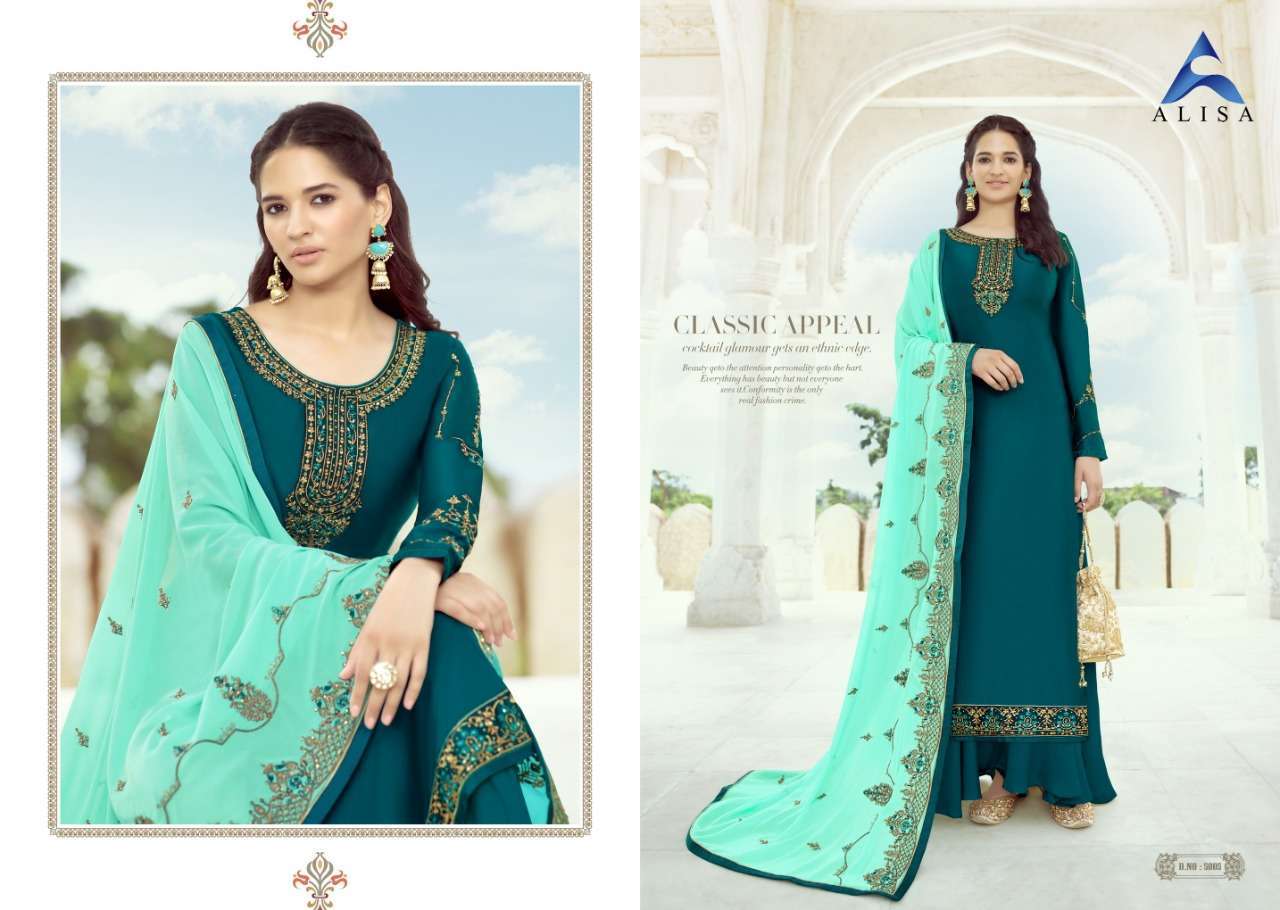 SANCHI BY ALISA 5001 TO 5006 SERIES BEAUTIFUL STYLISH PAKISATNI SUITS FANCY COLORFUL CASUAL WEAR & ETHNIC WEAR & READY TO WEAR SATIN GEORGETTE WITH WORK DRESSES AT WHOLESALE PRICE