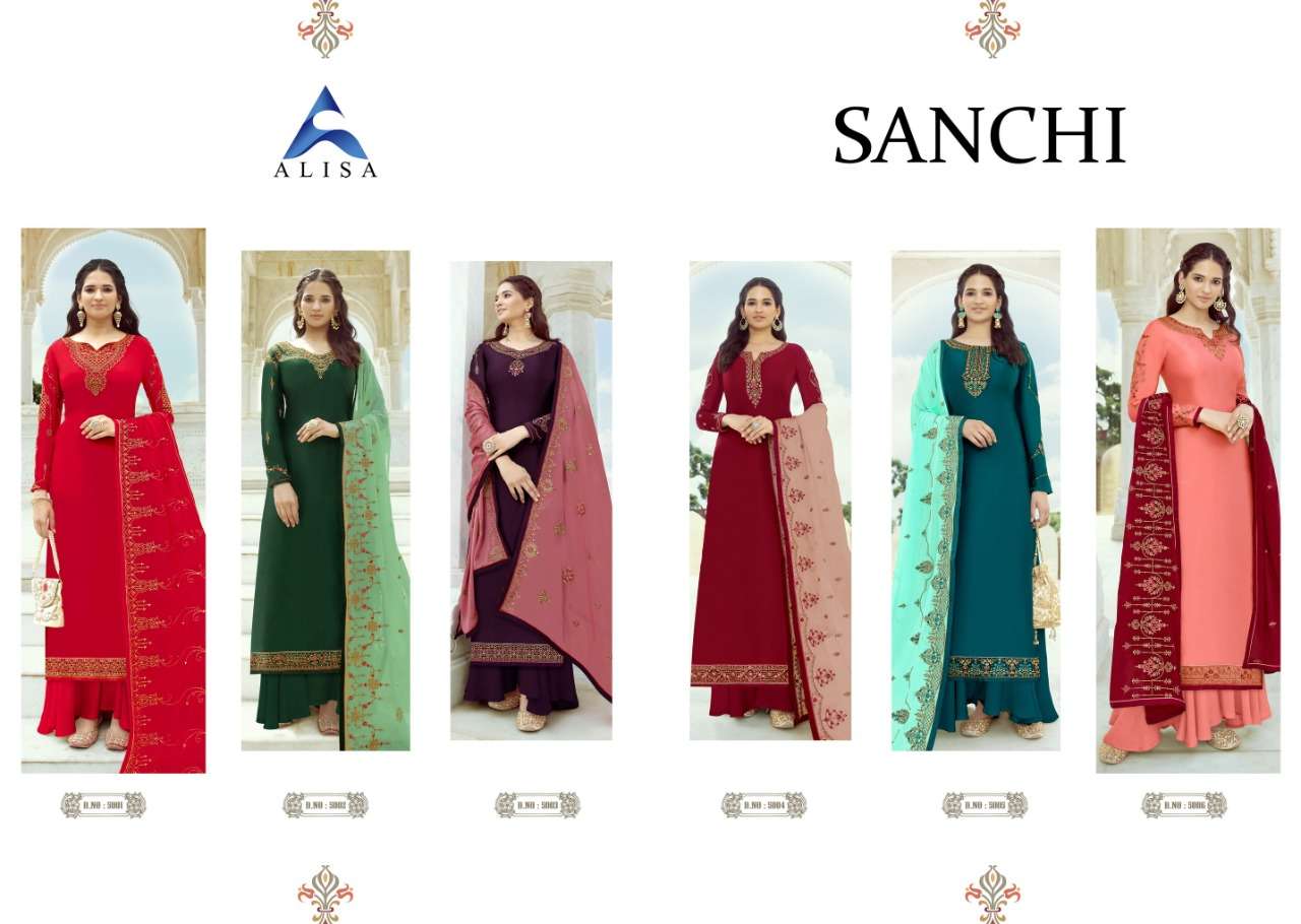 SANCHI BY ALISA 5001 TO 5006 SERIES BEAUTIFUL STYLISH PAKISATNI SUITS FANCY COLORFUL CASUAL WEAR & ETHNIC WEAR & READY TO WEAR SATIN GEORGETTE WITH WORK DRESSES AT WHOLESALE PRICE