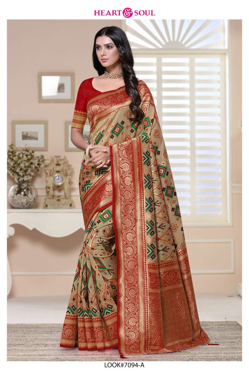 PATOLA WEAVES BY HEART AND SOUL 7094-A TO 7095-C SERIES INDIAN TRADITIONAL WEAR COLLECTION BEAUTIFUL STYLISH FANCY COLORFUL PARTY WEAR & OCCASIONAL WEAR SILK SAREES AT WHOLESALE PRICE