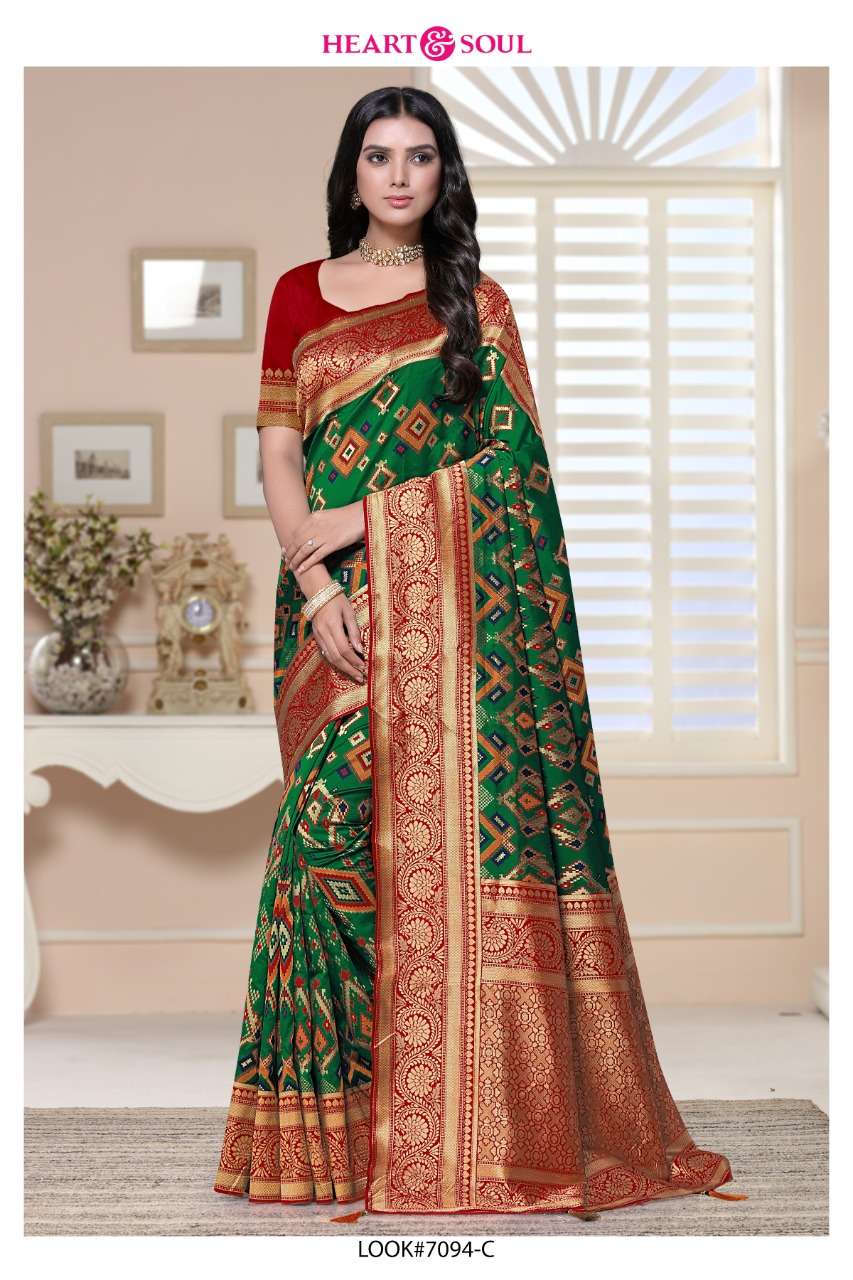 PATOLA WEAVES BY HEART AND SOUL 7094-A TO 7095-C SERIES INDIAN TRADITIONAL WEAR COLLECTION BEAUTIFUL STYLISH FANCY COLORFUL PARTY WEAR & OCCASIONAL WEAR SILK SAREES AT WHOLESALE PRICE
