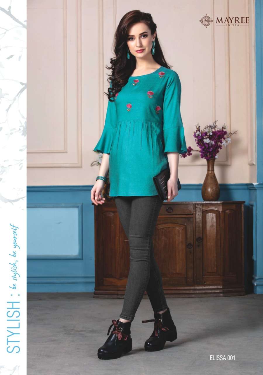 ELISSA BY MAYREE 001 TO 006 SERIES STYLISH FANCY BEAUTIFUL COLORFUL CASUAL WEAR & ETHNIC WEAR RAYON SLUB EMBROIDERED TOPS AT WHOLESALE PRICE