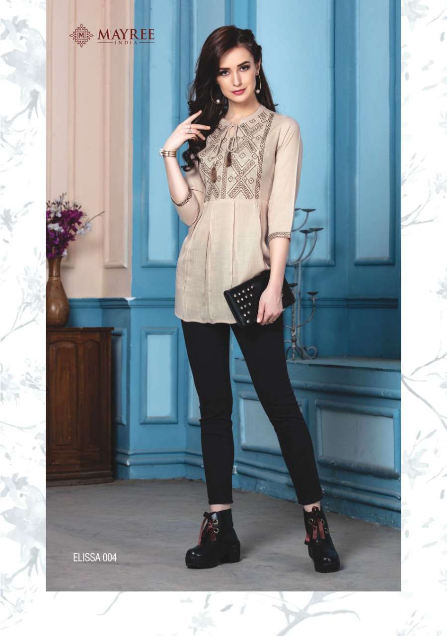 ELISSA BY MAYREE 001 TO 006 SERIES STYLISH FANCY BEAUTIFUL COLORFUL CASUAL WEAR & ETHNIC WEAR RAYON SLUB EMBROIDERED TOPS AT WHOLESALE PRICE