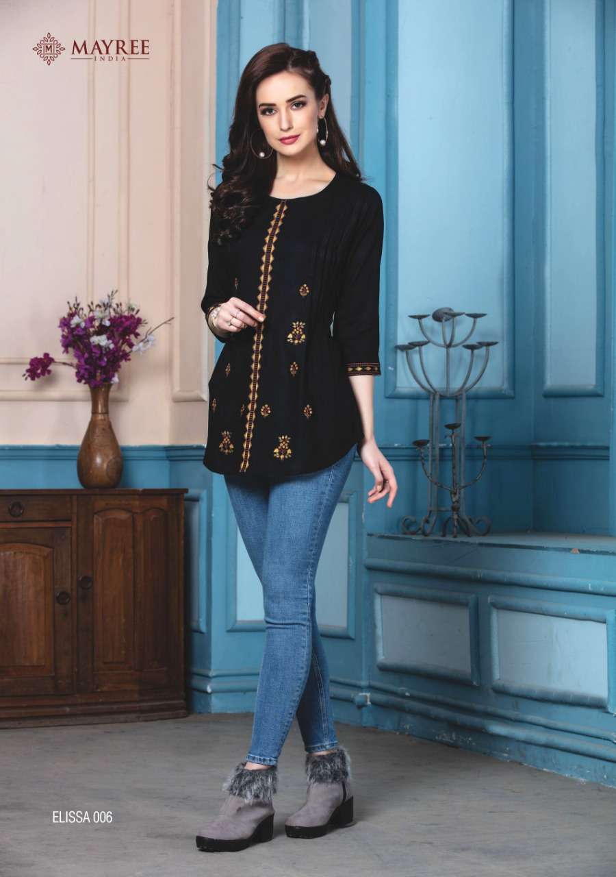 ELISSA BY MAYREE 001 TO 006 SERIES STYLISH FANCY BEAUTIFUL COLORFUL CASUAL WEAR & ETHNIC WEAR RAYON SLUB EMBROIDERED TOPS AT WHOLESALE PRICE