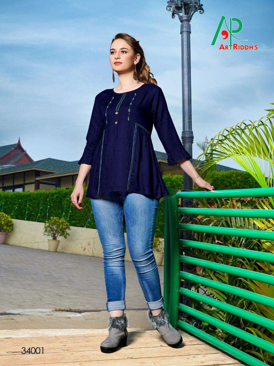 SHRUSTI BY ART RIDDHS 34001 TO 34006 SERIES STYLISH FANCY BEAUTIFUL COLORFUL CASUAL WEAR & ETHNIC WEAR RAYON HAND WORKED TOPS AT WHOLESALE PRICE