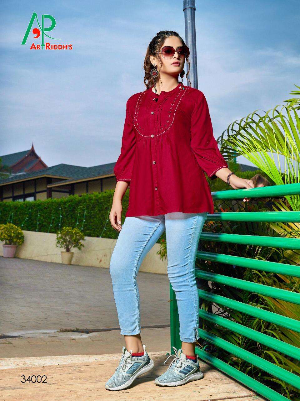 SHRUSTI BY ART RIDDHS 34001 TO 34006 SERIES STYLISH FANCY BEAUTIFUL COLORFUL CASUAL WEAR & ETHNIC WEAR RAYON HAND WORKED TOPS AT WHOLESALE PRICE