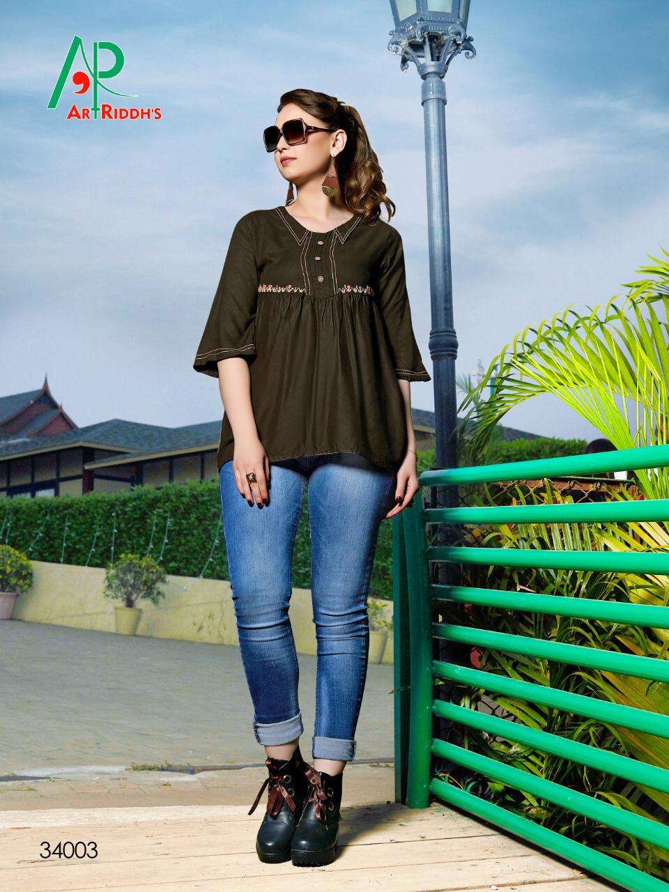 SHRUSTI BY ART RIDDHS 34001 TO 34006 SERIES STYLISH FANCY BEAUTIFUL COLORFUL CASUAL WEAR & ETHNIC WEAR RAYON HAND WORKED TOPS AT WHOLESALE PRICE