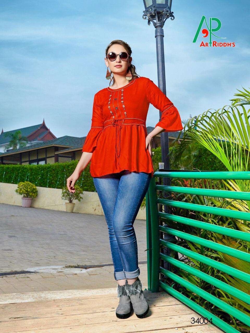 SHRUSTI BY ART RIDDHS 34001 TO 34006 SERIES STYLISH FANCY BEAUTIFUL COLORFUL CASUAL WEAR & ETHNIC WEAR RAYON HAND WORKED TOPS AT WHOLESALE PRICE