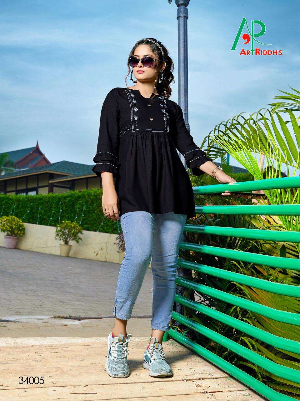 SHRUSTI BY ART RIDDHS 34001 TO 34006 SERIES STYLISH FANCY BEAUTIFUL COLORFUL CASUAL WEAR & ETHNIC WEAR RAYON HAND WORKED TOPS AT WHOLESALE PRICE