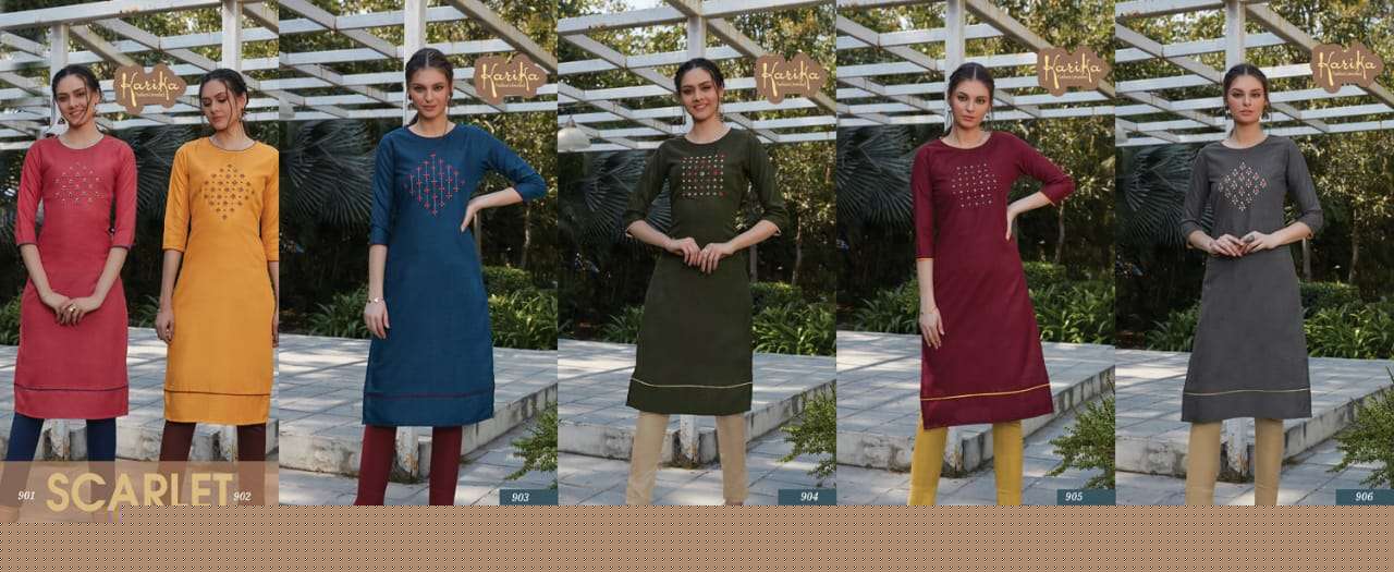 SCARLET BY KARIKA 901 TO 906 SERIES STYLISH FANCY BEAUTIFUL COLORFUL CASUAL WEAR & ETHNIC WEAR PURE RUBBY COTTON KURTIS AT WHOLESALE PRICE
