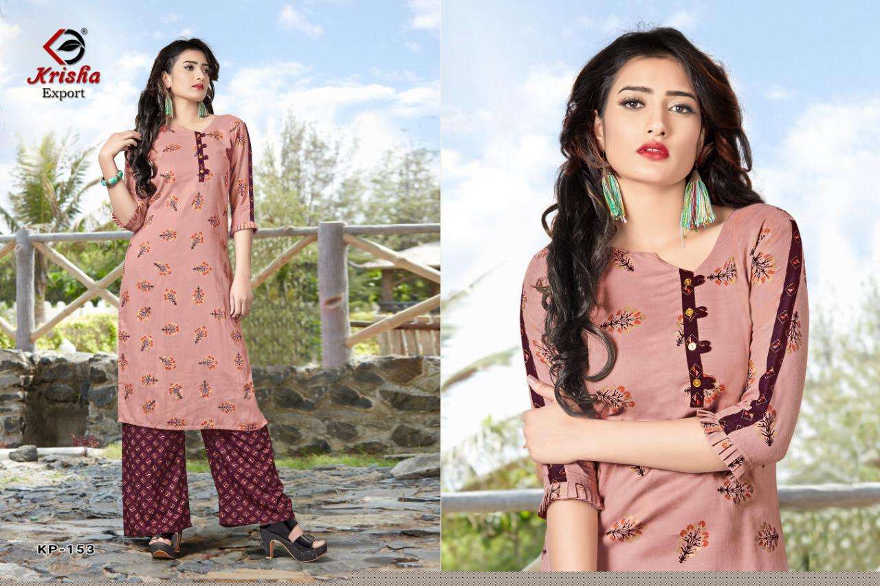 JAIMINI BY KRISHA EXPORTS 153 TO 158 SERIES STYLISH FANCY BEAUTIFUL COLORFUL CASUAL WEAR & ETHNIC WEAR HEAVY RAYON AND RAYON SLUB KURTIS WITH BOTTOM AT WHOLESALE PRICE