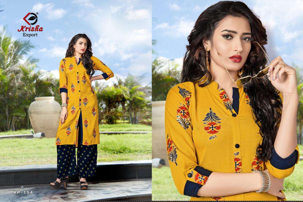 JAIMINI BY KRISHA EXPORTS 153 TO 158 SERIES STYLISH FANCY BEAUTIFUL COLORFUL CASUAL WEAR & ETHNIC WEAR HEAVY RAYON AND RAYON SLUB KURTIS WITH BOTTOM AT WHOLESALE PRICE