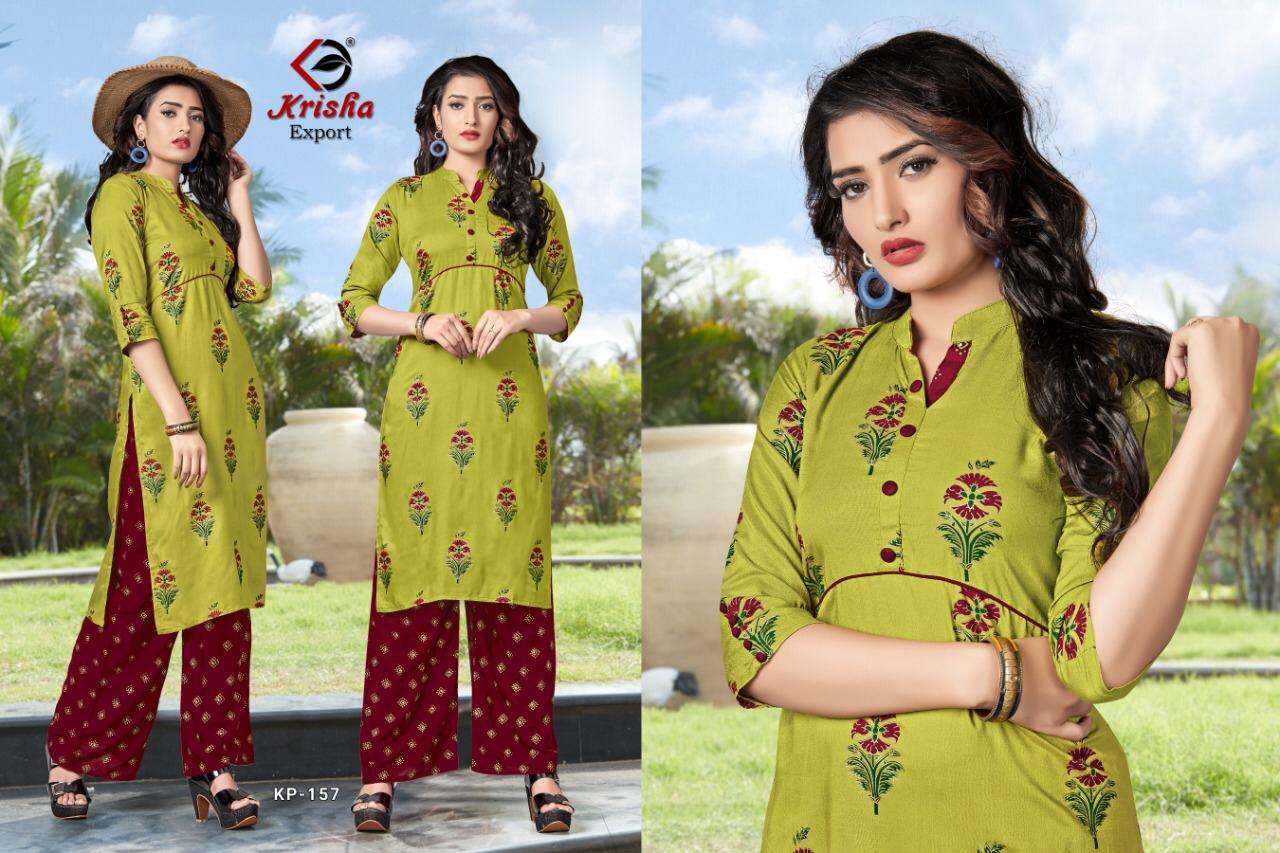 JAIMINI BY KRISHA EXPORTS 153 TO 158 SERIES STYLISH FANCY BEAUTIFUL COLORFUL CASUAL WEAR & ETHNIC WEAR HEAVY RAYON AND RAYON SLUB KURTIS WITH BOTTOM AT WHOLESALE PRICE