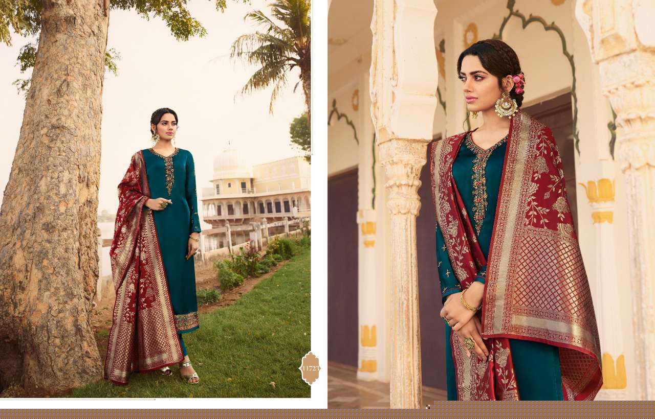 ZISA BANARAS VOL-8 BY MEERA TRENDZ 11721 TO 11725 SERIES BEAUTIFUL STYLISH DESIGNER PRINTED AND EMBROIDERED PARTY WEAR OCCASIONAL WEAR SATIN GEORGETTE DRESSES AT WHOLESALE PRICE