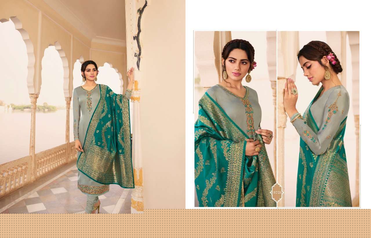 ZISA BANARAS VOL-8 BY MEERA TRENDZ 11721 TO 11725 SERIES BEAUTIFUL STYLISH DESIGNER PRINTED AND EMBROIDERED PARTY WEAR OCCASIONAL WEAR SATIN GEORGETTE DRESSES AT WHOLESALE PRICE
