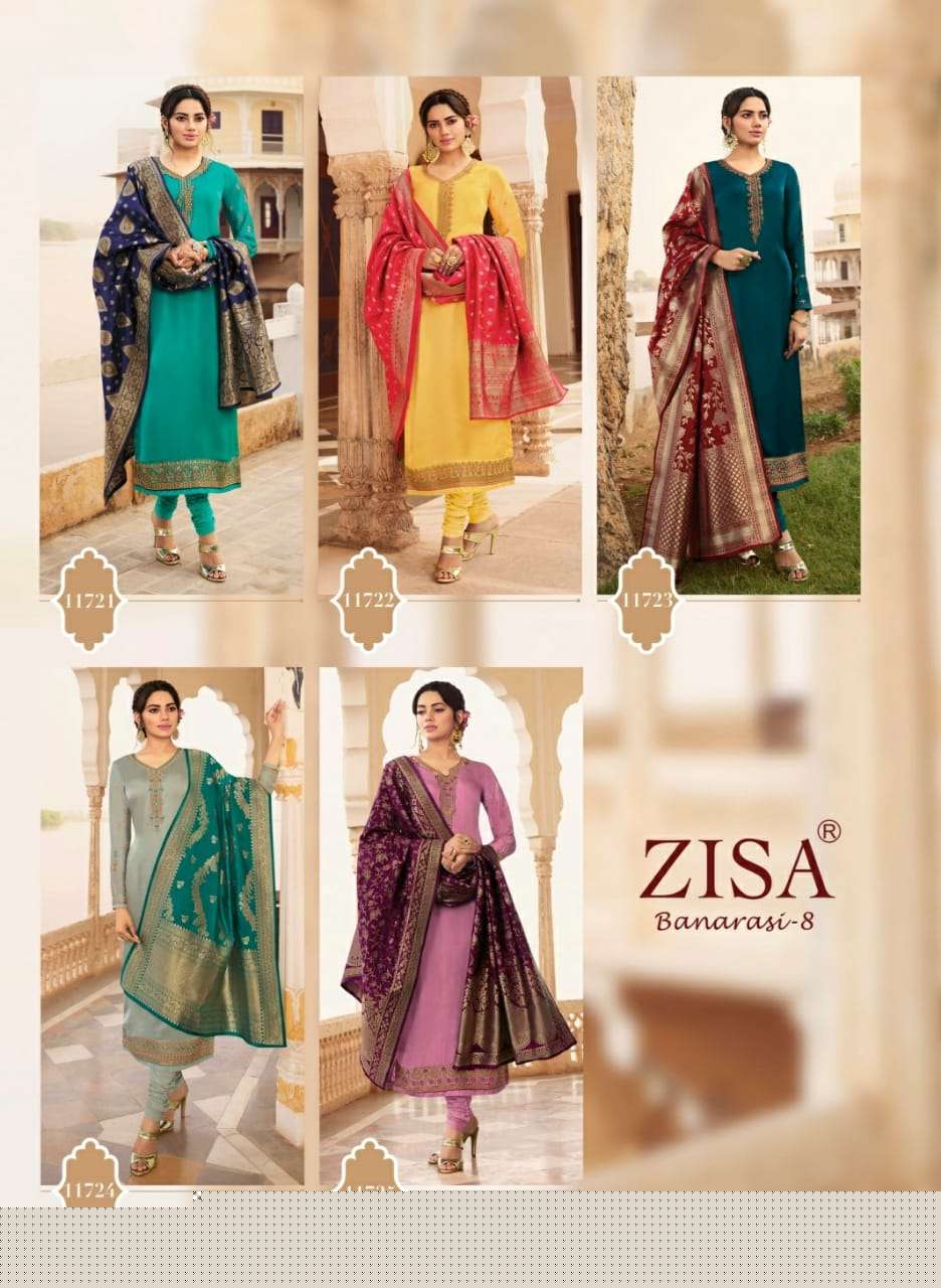 ZISA BANARAS VOL-8 BY MEERA TRENDZ 11721 TO 11725 SERIES BEAUTIFUL STYLISH DESIGNER PRINTED AND EMBROIDERED PARTY WEAR OCCASIONAL WEAR SATIN GEORGETTE DRESSES AT WHOLESALE PRICE