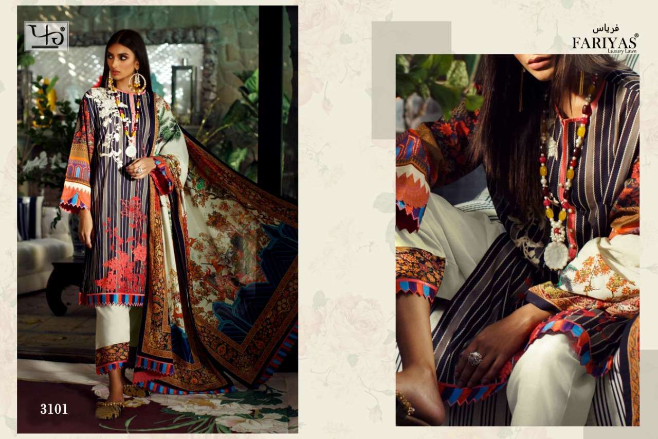 SANA SAFINAZ BY FARIYAS LAWN 3101 TO 3106 SERIES BEAUTIFUL STYLISH DESIGNER PRINTED AND EMBROIDERED PARTY WEAR OCCASIONAL WEAR PURE LAWN COTTON DIGITAL PRINTED DRESSES AT WHOLESALE PRICE