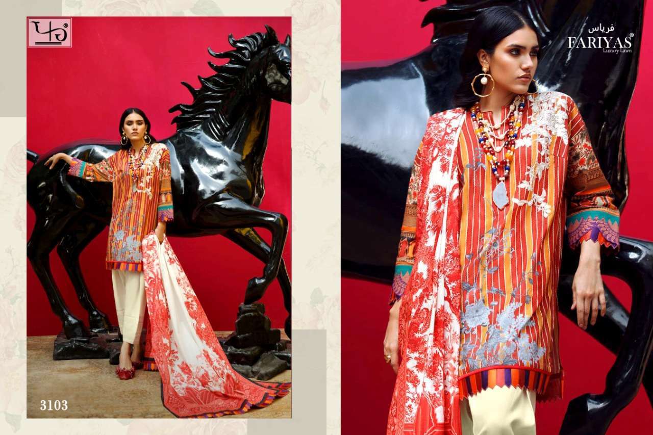 SANA SAFINAZ BY FARIYAS LAWN 3101 TO 3106 SERIES BEAUTIFUL STYLISH DESIGNER PRINTED AND EMBROIDERED PARTY WEAR OCCASIONAL WEAR PURE LAWN COTTON DIGITAL PRINTED DRESSES AT WHOLESALE PRICE