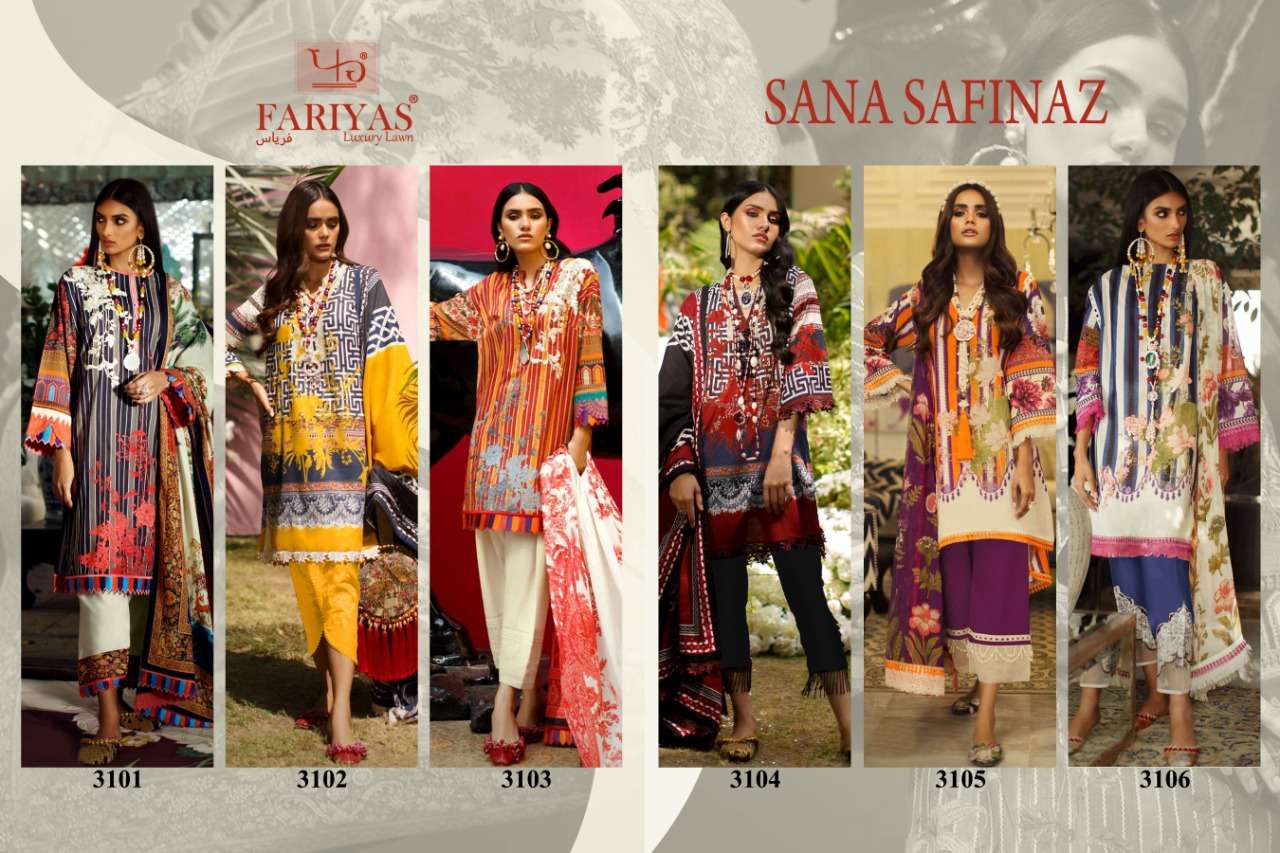 SANA SAFINAZ BY FARIYAS LAWN 3101 TO 3106 SERIES BEAUTIFUL STYLISH DESIGNER PRINTED AND EMBROIDERED PARTY WEAR OCCASIONAL WEAR PURE LAWN COTTON DIGITAL PRINTED DRESSES AT WHOLESALE PRICE