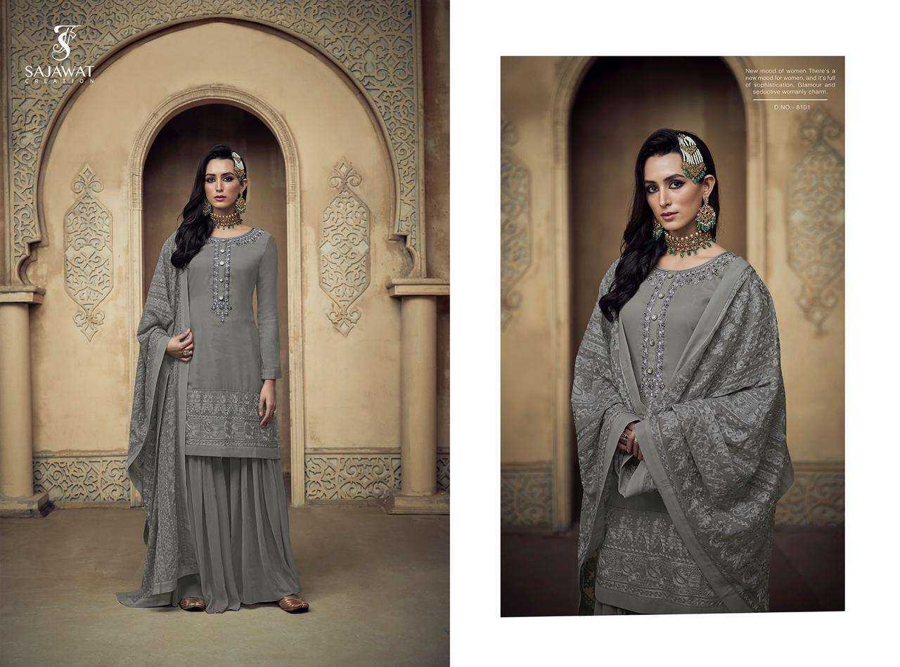 RAJANI BY SAJWAT CREATION 8101 TO 8106 SERIES DESIGNER FESTIVE SHARARA SUITS COLLECTION BEAUTIFUL STYLISH FANCY COLORFUL PARTY WEAR & OCCASIONAL WEAR HEAVY FAUX GEORGETTE WITH EMBROIDERY DRESSES AT WHOLESALE PRICE