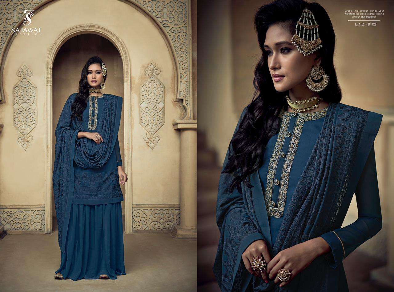 RAJANI BY SAJWAT CREATION 8101 TO 8106 SERIES DESIGNER FESTIVE SHARARA SUITS COLLECTION BEAUTIFUL STYLISH FANCY COLORFUL PARTY WEAR & OCCASIONAL WEAR HEAVY FAUX GEORGETTE WITH EMBROIDERY DRESSES AT WHOLESALE PRICE