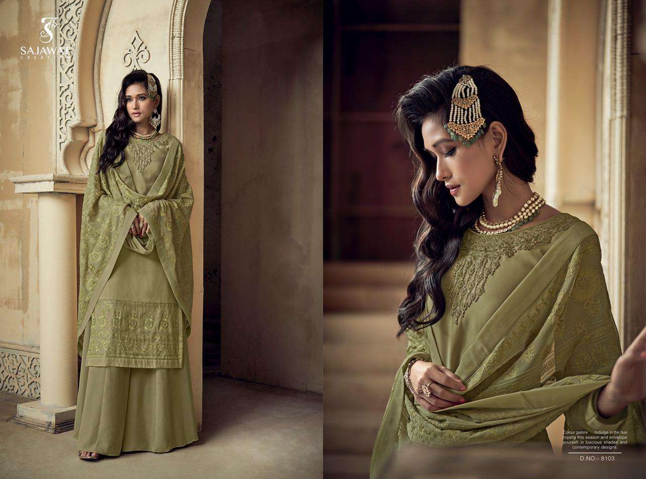 RAJANI BY SAJWAT CREATION 8101 TO 8106 SERIES DESIGNER FESTIVE SHARARA SUITS COLLECTION BEAUTIFUL STYLISH FANCY COLORFUL PARTY WEAR & OCCASIONAL WEAR HEAVY FAUX GEORGETTE WITH EMBROIDERY DRESSES AT WHOLESALE PRICE