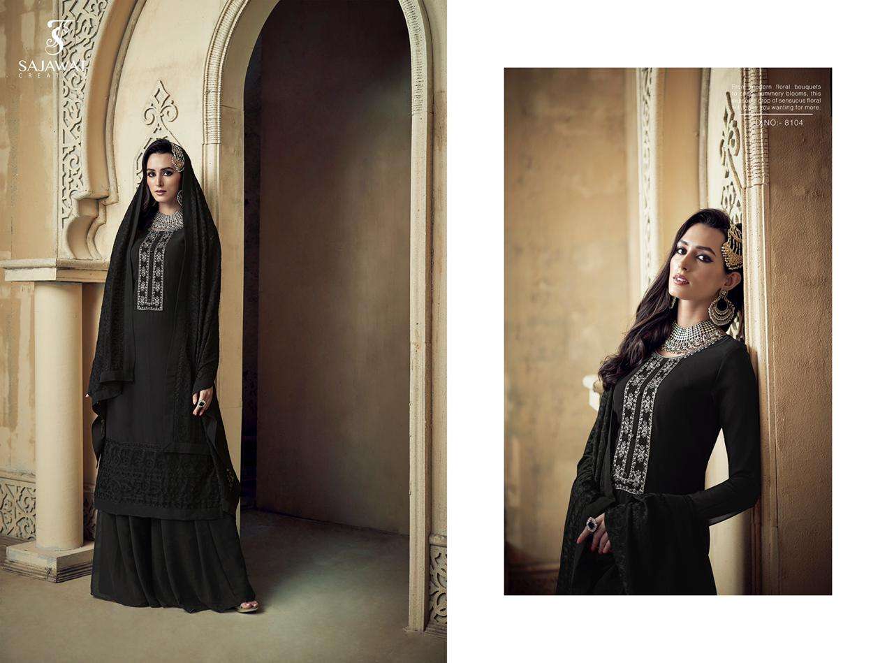 RAJANI BY SAJWAT CREATION 8101 TO 8106 SERIES DESIGNER FESTIVE SHARARA SUITS COLLECTION BEAUTIFUL STYLISH FANCY COLORFUL PARTY WEAR & OCCASIONAL WEAR HEAVY FAUX GEORGETTE WITH EMBROIDERY DRESSES AT WHOLESALE PRICE