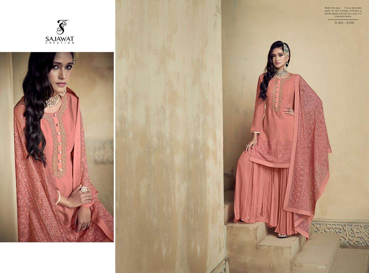 RAJANI BY SAJWAT CREATION 8101 TO 8106 SERIES DESIGNER FESTIVE SHARARA SUITS COLLECTION BEAUTIFUL STYLISH FANCY COLORFUL PARTY WEAR & OCCASIONAL WEAR HEAVY FAUX GEORGETTE WITH EMBROIDERY DRESSES AT WHOLESALE PRICE