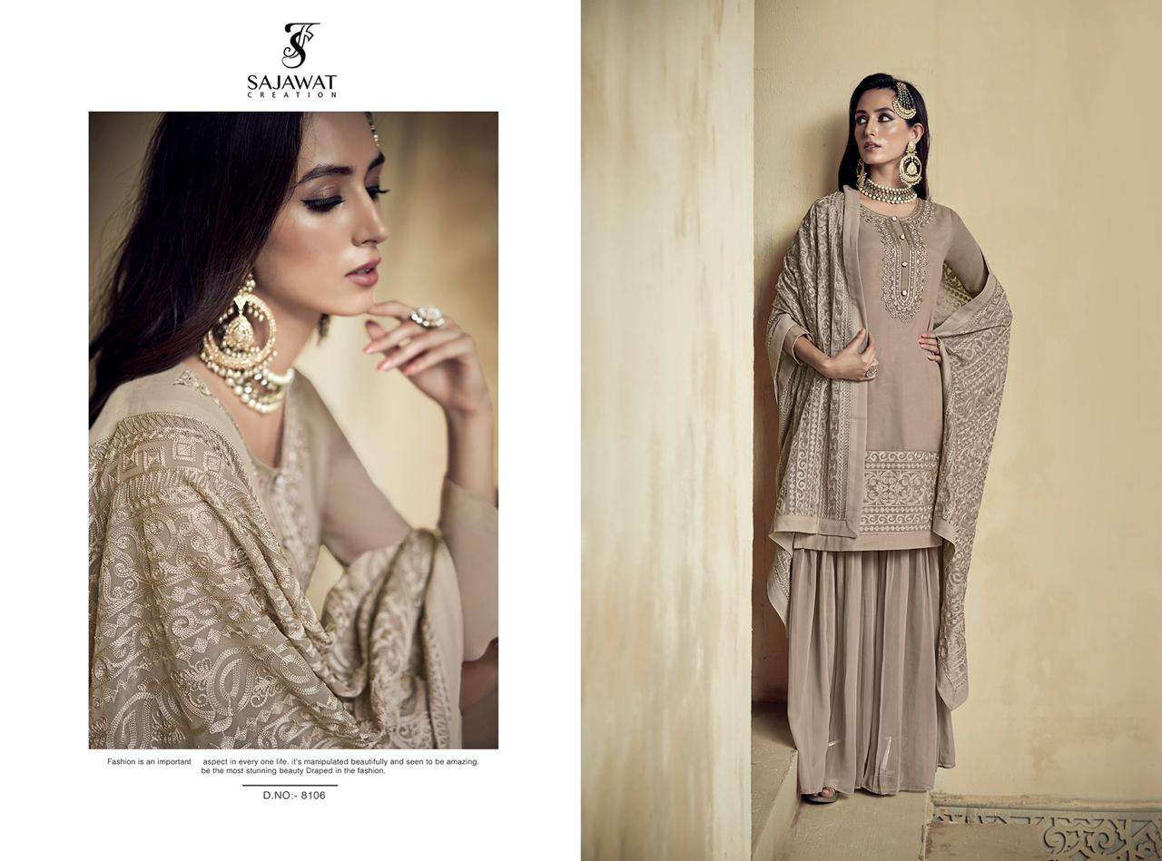 RAJANI BY SAJWAT CREATION 8101 TO 8106 SERIES DESIGNER FESTIVE SHARARA SUITS COLLECTION BEAUTIFUL STYLISH FANCY COLORFUL PARTY WEAR & OCCASIONAL WEAR HEAVY FAUX GEORGETTE WITH EMBROIDERY DRESSES AT WHOLESALE PRICE