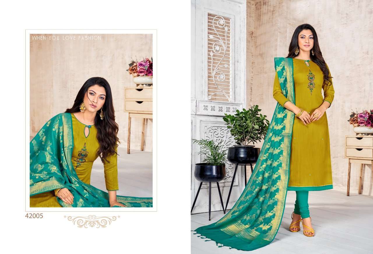 LIFE LINE BY KAPIL TEX 42001 TO 42012 SERIES BEAUTIFUL PATIYALA SUITS STYLISH FANCY COLORFUL PARTY WEAR & OCCASIONAL WEAR LONG SLUB WITH HANDWORK PRINTED DRESSES AT WHOLESALE PRICE