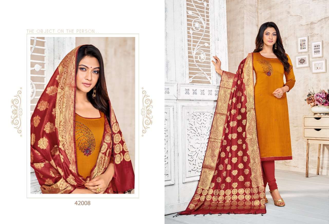 LIFE LINE BY KAPIL TEX 42001 TO 42012 SERIES BEAUTIFUL PATIYALA SUITS STYLISH FANCY COLORFUL PARTY WEAR & OCCASIONAL WEAR LONG SLUB WITH HANDWORK PRINTED DRESSES AT WHOLESALE PRICE