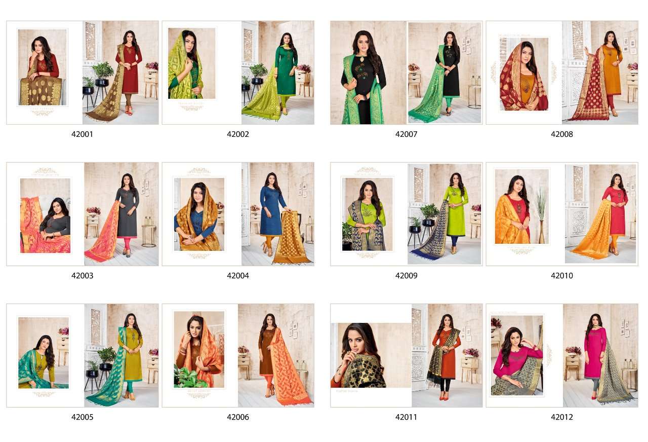 LIFE LINE BY KAPIL TEX 42001 TO 42012 SERIES BEAUTIFUL PATIYALA SUITS STYLISH FANCY COLORFUL PARTY WEAR & OCCASIONAL WEAR LONG SLUB WITH HANDWORK PRINTED DRESSES AT WHOLESALE PRICE