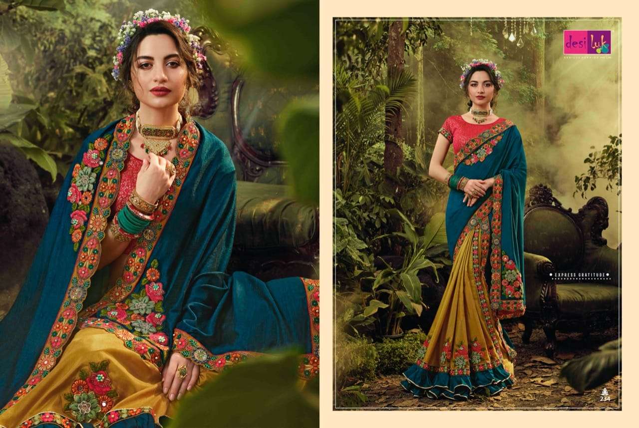 PREM RIVAAZ VOL-7 BY DESI LUK 234 TO 248 SERIES INDIAN TRADITIONAL WEAR COLLECTION BEAUTIFUL STYLISH FANCY COLORFUL PARTY WEAR & OCCASIONAL WEAR FANCY EMBROIDERED SAREES AT WHOLESALE PRICE