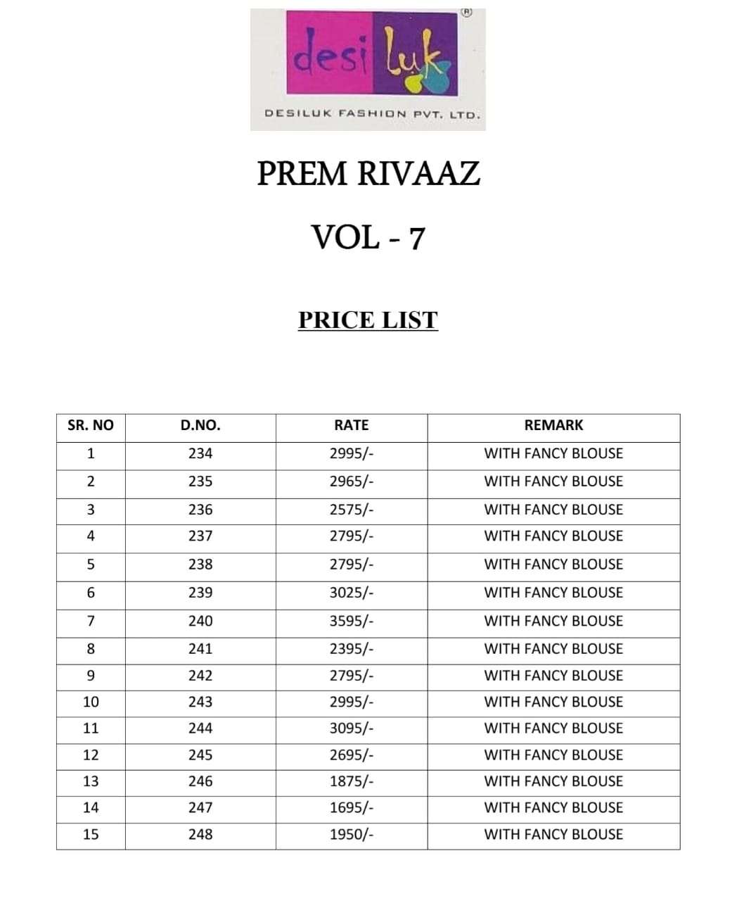 PREM RIVAAZ VOL-7 BY DESI LUK 234 TO 248 SERIES INDIAN TRADITIONAL WEAR COLLECTION BEAUTIFUL STYLISH FANCY COLORFUL PARTY WEAR & OCCASIONAL WEAR FANCY EMBROIDERED SAREES AT WHOLESALE PRICE
