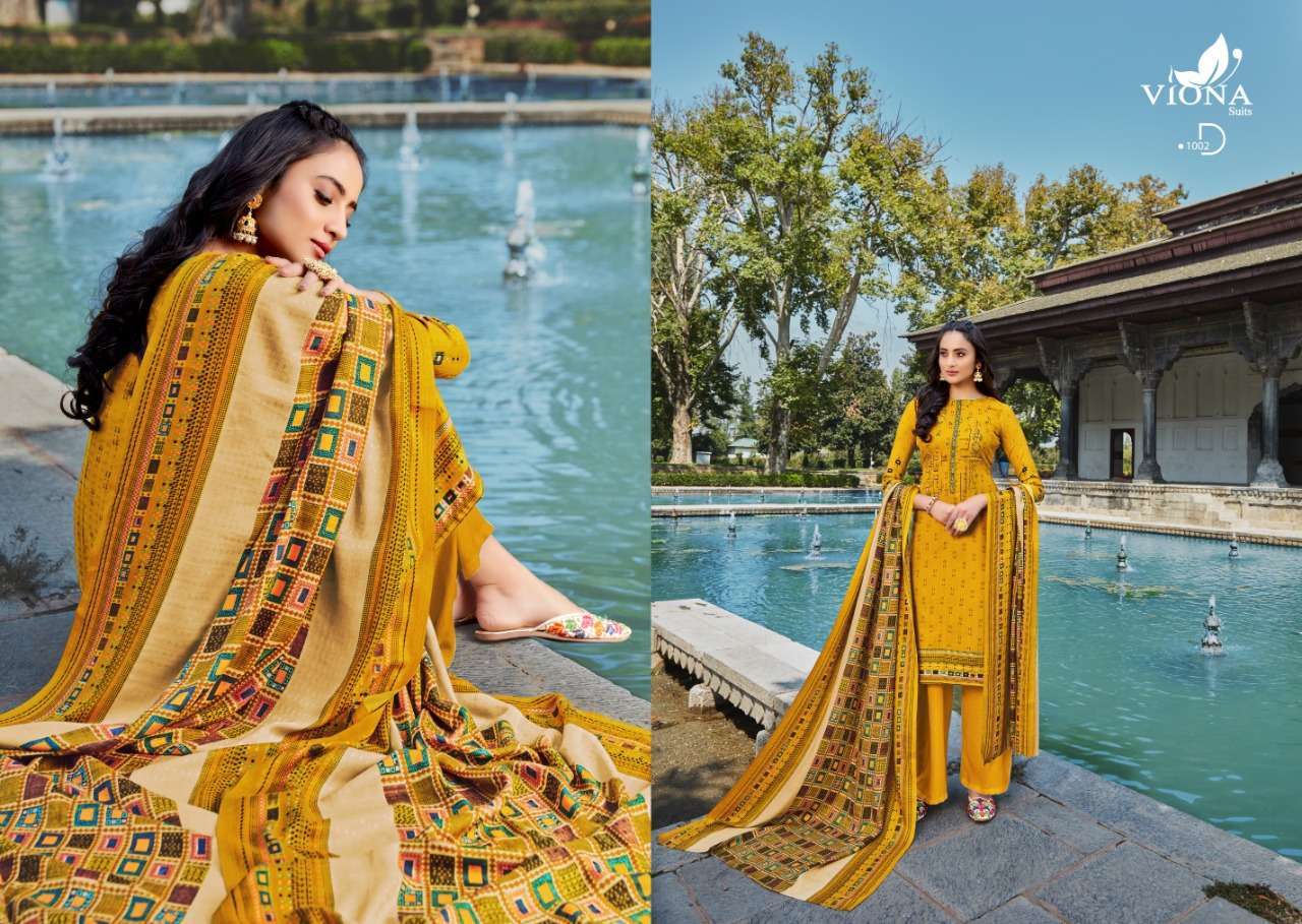 FIZA BY VIONA SUITS 1001 TO 1008 SERIES BEAUTIFUL PATIYALA SUITS STYLISH FANCY COLORFUL PARTY WEAR & OCCASIONAL WEAR PURE PASHMINA WITH WORK PRINTED DRESSES AT WHOLESALE PRICE