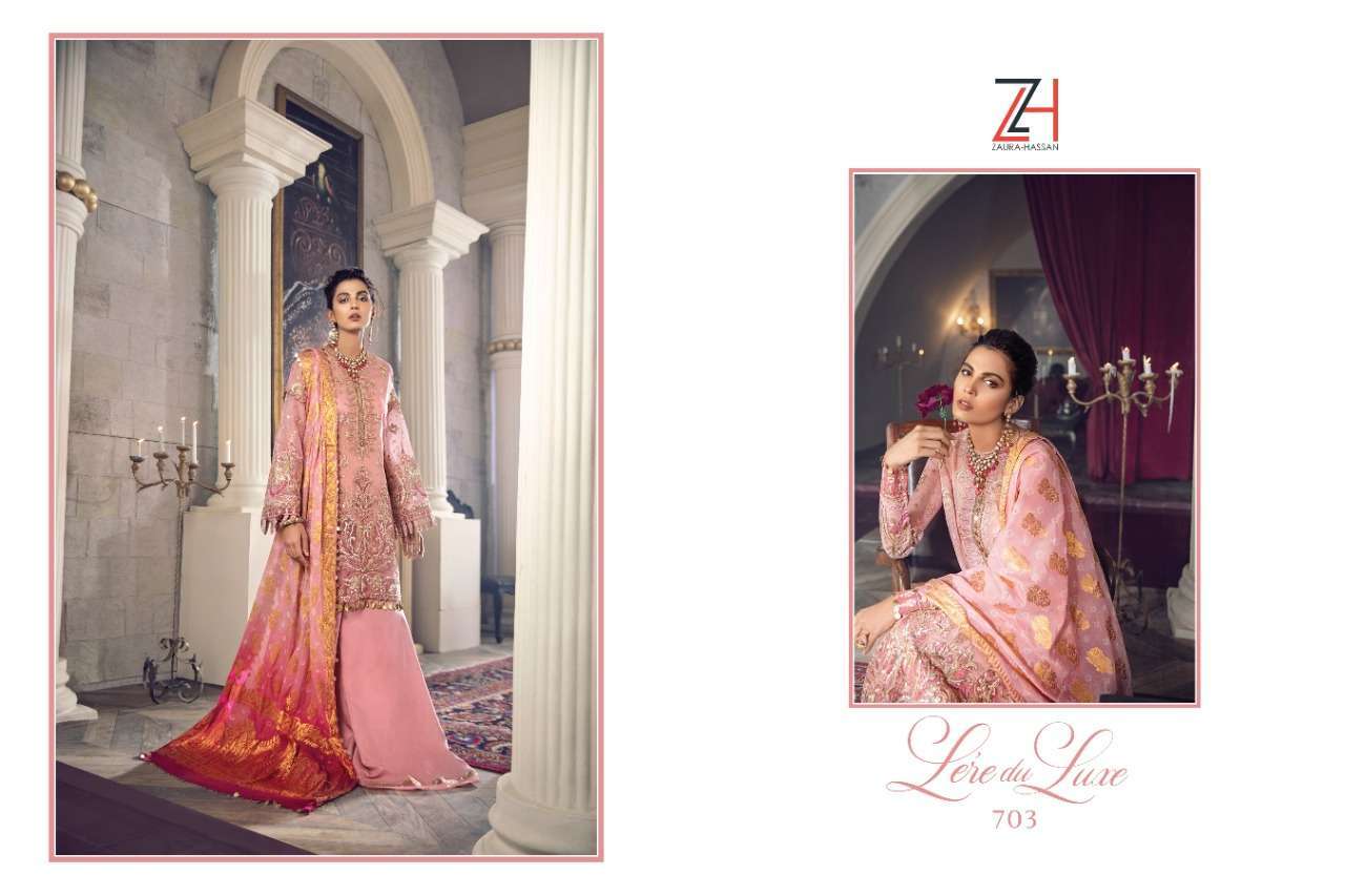 LEREDU LUXE BY ZAURA HASSAN 702 TO 705 SERIES BEAUTIFUL PATIYALA SUITS STYLISH FANCY COLORFUL PARTY WEAR & OCCASIONAL WEAR HEAVY BUTTERFLY NET WITH EMBROIDERY DRESSES AT WHOLESALE PRICE
