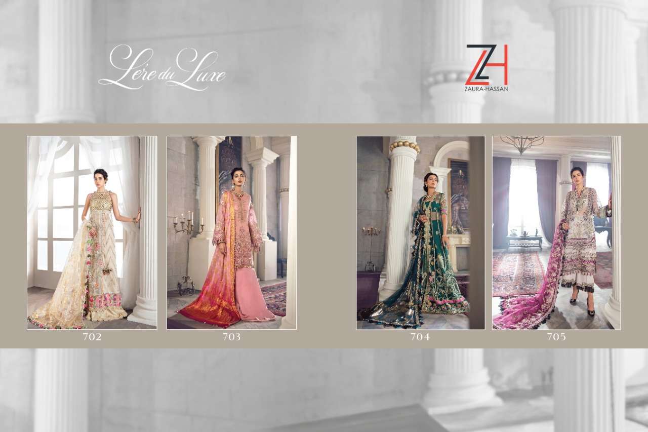 LEREDU LUXE BY ZAURA HASSAN 702 TO 705 SERIES BEAUTIFUL PATIYALA SUITS STYLISH FANCY COLORFUL PARTY WEAR & OCCASIONAL WEAR HEAVY BUTTERFLY NET WITH EMBROIDERY DRESSES AT WHOLESALE PRICE