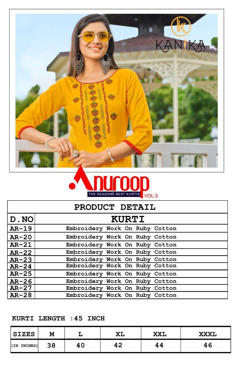 ANUROOP VOL-3 BY KANIKA 19 TO 28 SERIES BEAUTIFUL STYLISH FANCY COLORFUL CASUAL WEAR & ETHNIC WEAR & READY TO WEAR RUBY COTTON EMBROIDERED KURTIS AT WHOLESALE PRICE