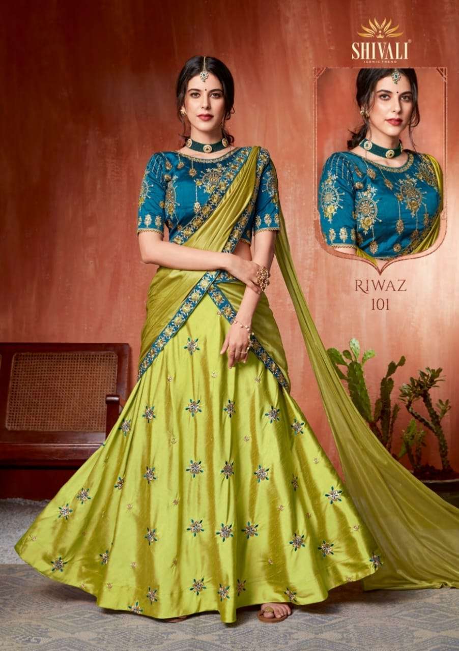 RIWAZ BY SHIVALI FASHION 101 TO 106 SERIES BEAUTIFUL COLORFUL FANCY WEDDING COLLECTION OCCASIONAL WEAR & PARTY WEAR FANCY LEHENGAS AT WHOLESALE PRICE
