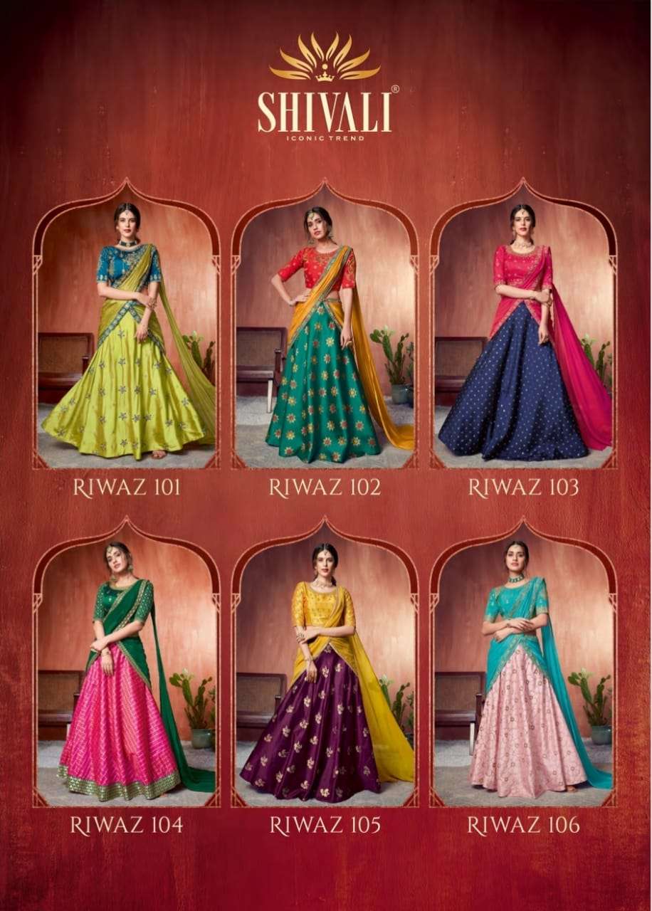 RIWAZ BY SHIVALI FASHION 101 TO 106 SERIES BEAUTIFUL COLORFUL FANCY WEDDING COLLECTION OCCASIONAL WEAR & PARTY WEAR FANCY LEHENGAS AT WHOLESALE PRICE