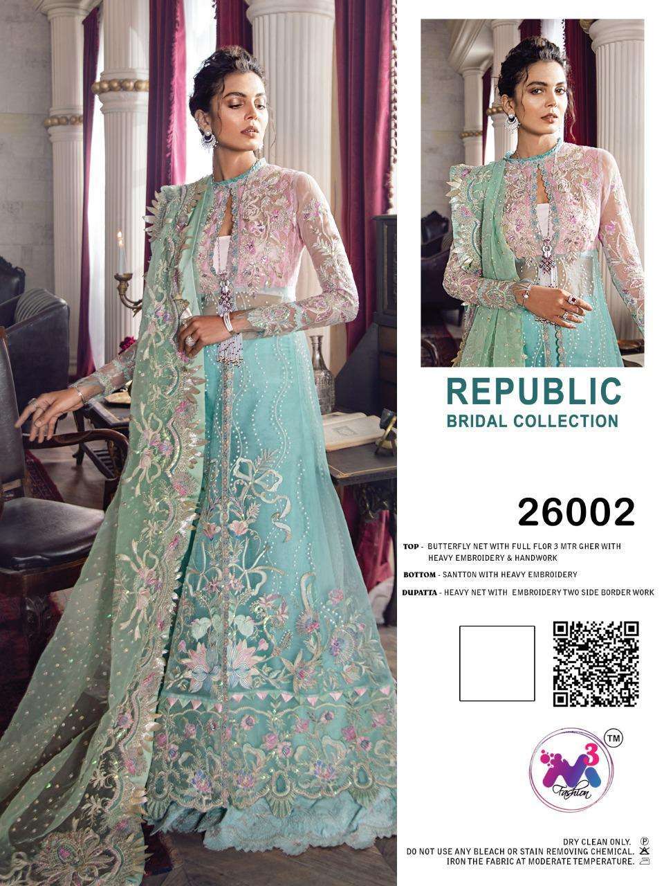 REPUBLIC BRIDAL COLLECTION BY M3 FASHION 26001 TO 26003 SERIES BEAUTIFUL STYLISH PAKISATNI SUITS FANCY COLORFUL CASUAL WEAR & ETHNIC WEAR & READY TO WEAR BUTTERFLY NET WITH EMBROIDERY DRESSES AT WHOLESALE PRICE