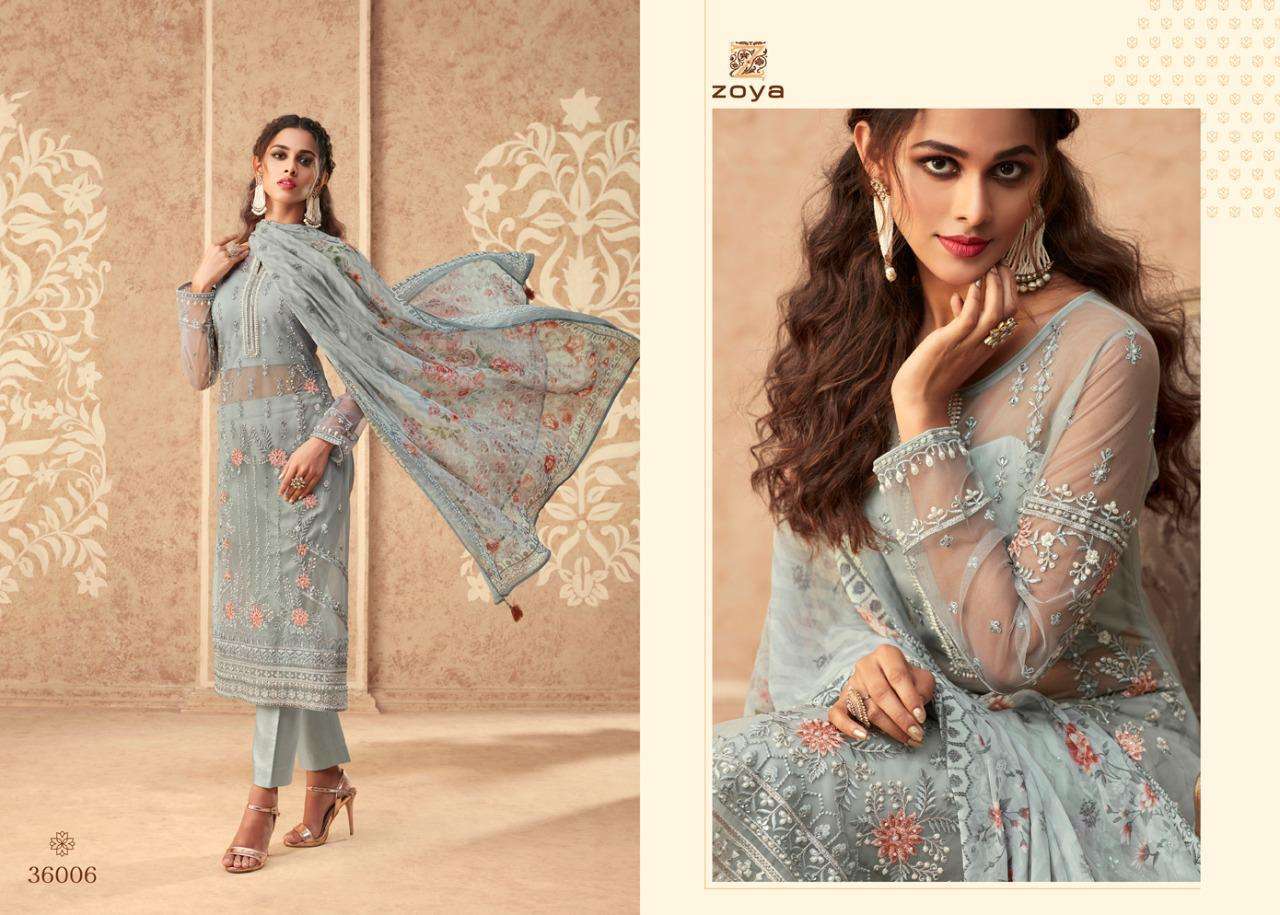 GRACE BY ZOYA 36001 TO 36007 DESIGNER COLLECTION SUITS BEAUTIFUL STYLISH FANCY COLORFUL PARTY WEAR & OCCASIONAL WEAR BUTTERFLY NET WITH HEAVY EMBROIDERED DRESSES AT WHOLESALE PRICE