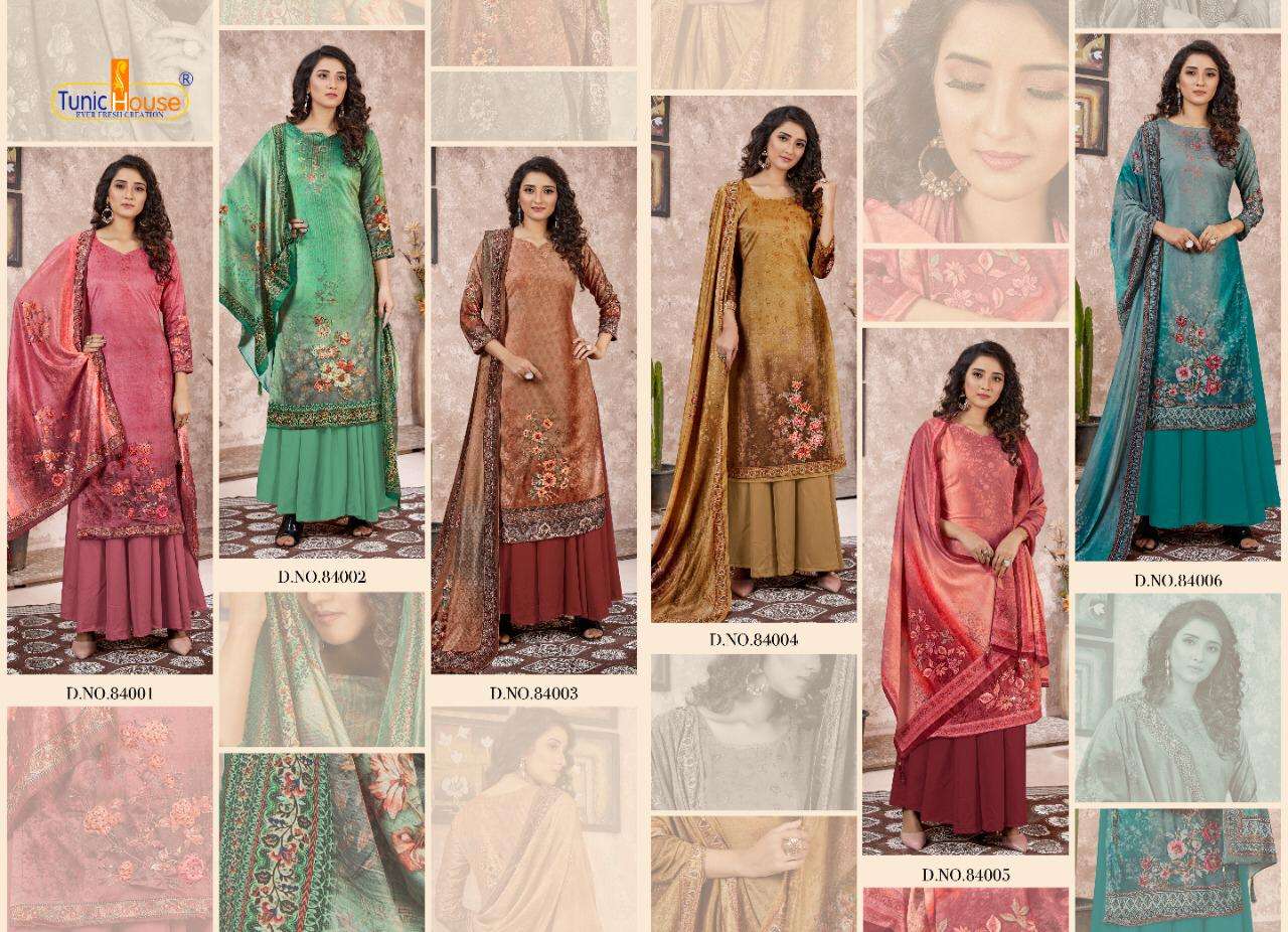 PEARL BY TUNIC HOUSE 84001 TO 84006 SERIES BEAUTIFUL SUITS COLORFUL STYLISH FANCY CASUAL WEAR & ETHNIC WEAR VELVET 9000 DIGITAL PRINTED PRINTED DRESSES AT WHOLESALE PRICE