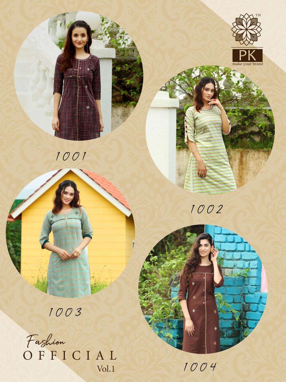 FASHION OFFICIAL BY PK 1001 TO 1009 SERIES BEAUTIFUL STYLISH FANCY COLORFUL CASUAL WEAR & ETHNIC WEAR & READY TO WEAR RAYON AND COTTON JACQUARD KURTIS AT WHOLESALE PRICE